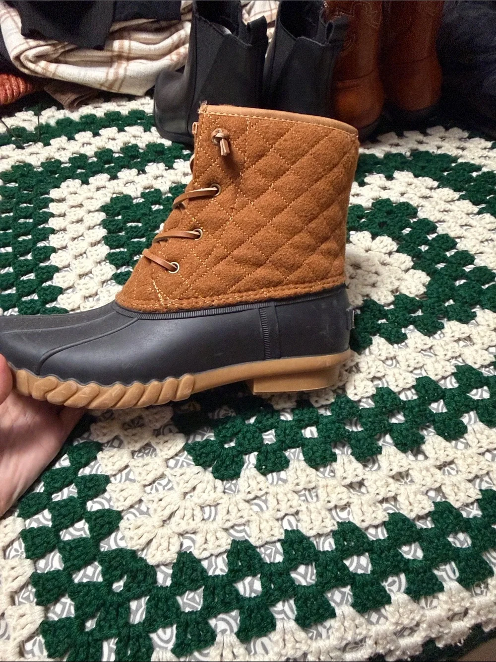 Men's Tan Quilted Waterproof Duck Boots with Black Rubber Shell